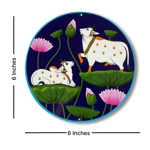 Dark Blue Pichwai Pair Cow With Lotus Mdf 6 IN