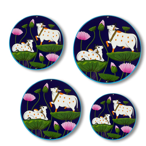 Dark Blue Pichwai Pair Cow With Lotus Mdf 6 IN