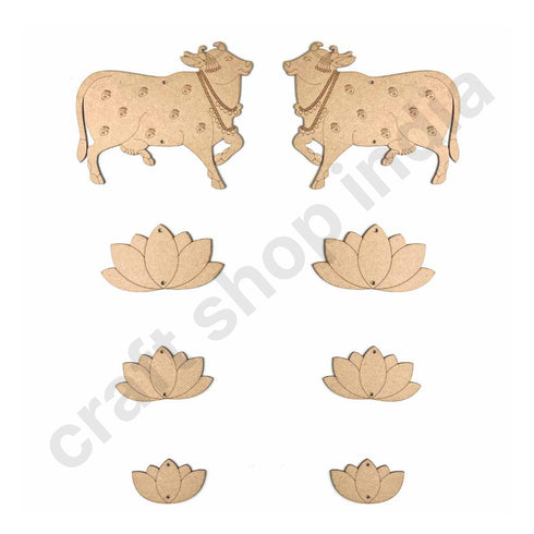 Engraved Mdf Cutout Of Pichwai Cow & Lotus Set of 8