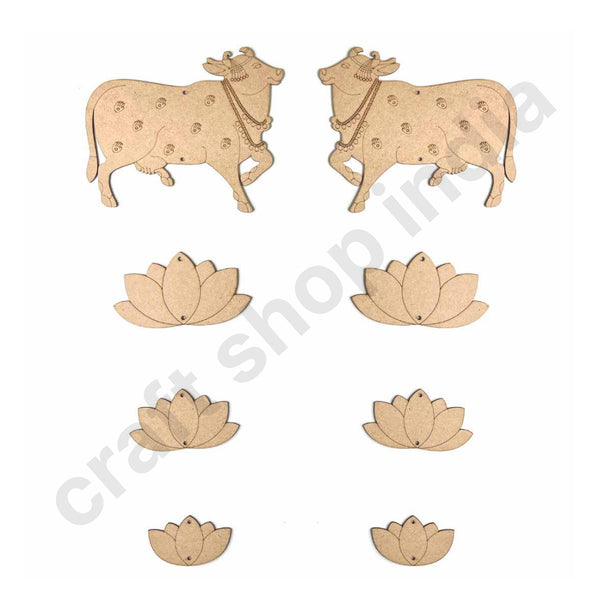 Engraved Mdf Cutout Of Pichwai Cow & Lotus Set of 8 | pichwai cow | MDF | cutouts | canvas | Decoration | Indian Art | Wall Art | Engraved Design | Cutouts | Art | Art Craft | Craft Store | craft shop india | craft shop | shop craft | india craft shop