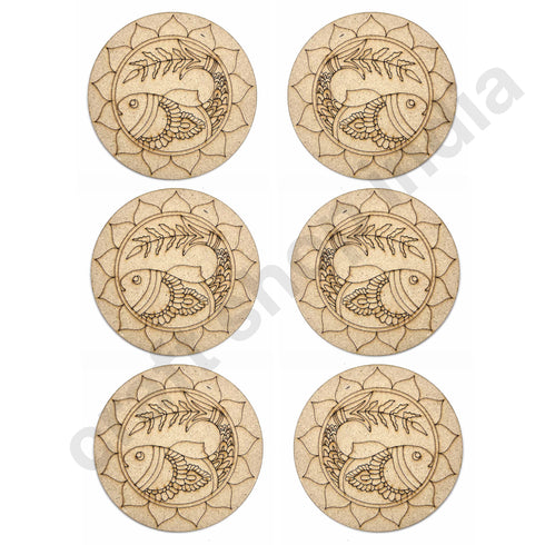Round Shaped MDF Engraved Madhubani Fish Design Coaster Set of 6 | Round Shape MDF | Engraved Madhubani Fish Design | Coaster | Set Of 6 | Madhubani Paintings | Madhubani | Paintings | Engraved diy base | Art Craft | Craft Store Online | Craft Shop india