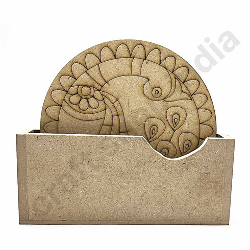 Round Shaped MDF Engraved Madhubani Peacock Rainbow fur Design Coaster Set of 6