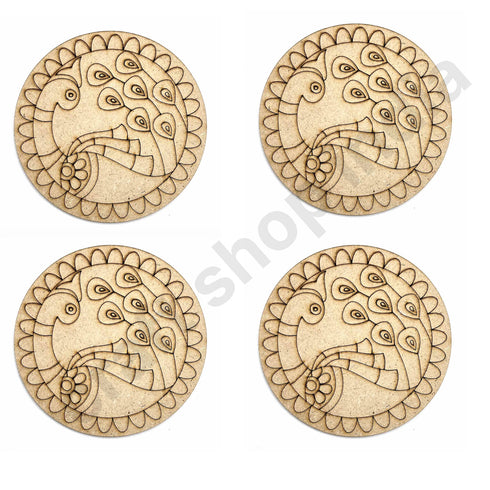 Round Shaped MDF Engraved Madhubani Peacock Rainbow fur Design Coaster Set of 6