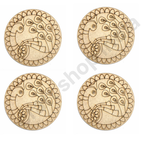 Round Shaped | MDF | MDF Engraved | Madhubani Peacock | Rainbow fur Design | design Coaster | Set of 6 | Craft Shop India