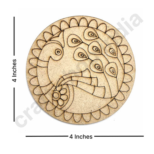 Round Shaped MDF Engraved Madhubani Peacock Rainbow fur Design Coaster Set of 6