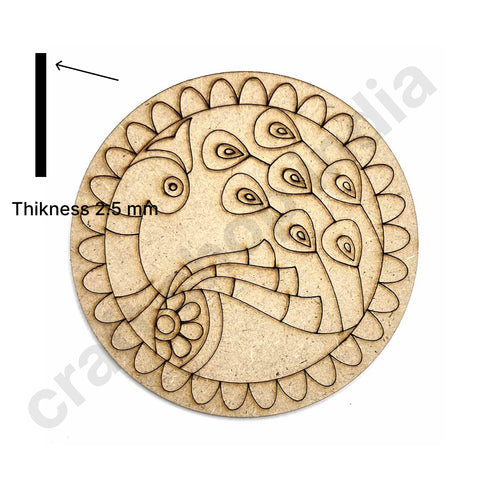 Round Shaped MDF Engraved Madhubani Peacock Rainbow fur Design Coaster Set of 6