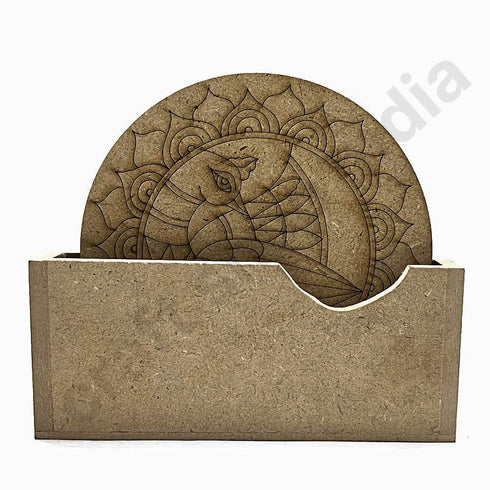 Round Shaped MDF Engraved Madhubani Peacock Design Coaster Set of 6