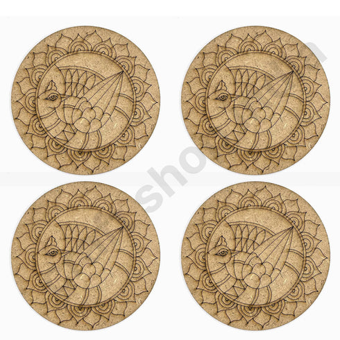 Round Shaped MDF Engraved Madhubani Peacock Design Coaster Set of 6