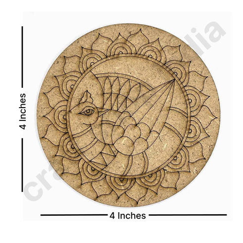 Round Shaped MDF Engraved Madhubani Peacock Design Coaster Set of 6