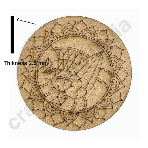 Round Shaped MDF Engraved Madhubani Peacock Design Coaster Set of 6