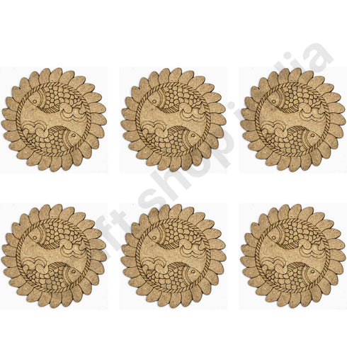 Round Shaped MDF Engraved Madhubani Mithila Design Coaster Set of 6