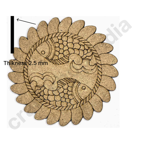 Round Shaped MDF Engraved Madhubani Mithila Design Coaster Set of 6