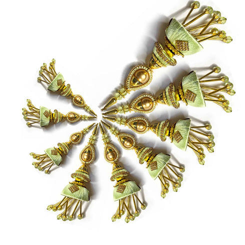 Pista Green Silk Thread Cone With Glass Pipe Ethnic Work Latkan Hanging Set Of 2