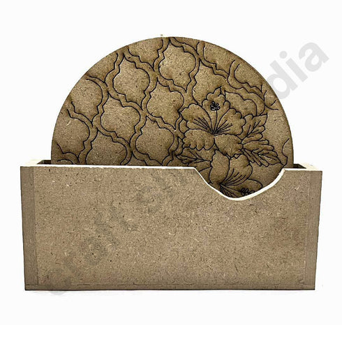 Round Shaped MDF Engraved Madhubani Flower Design Coaster Set of 6