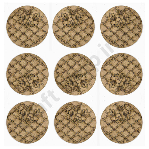 Round Shaped MDF Engraved Madhubani Flower Design Coaster Set of 6