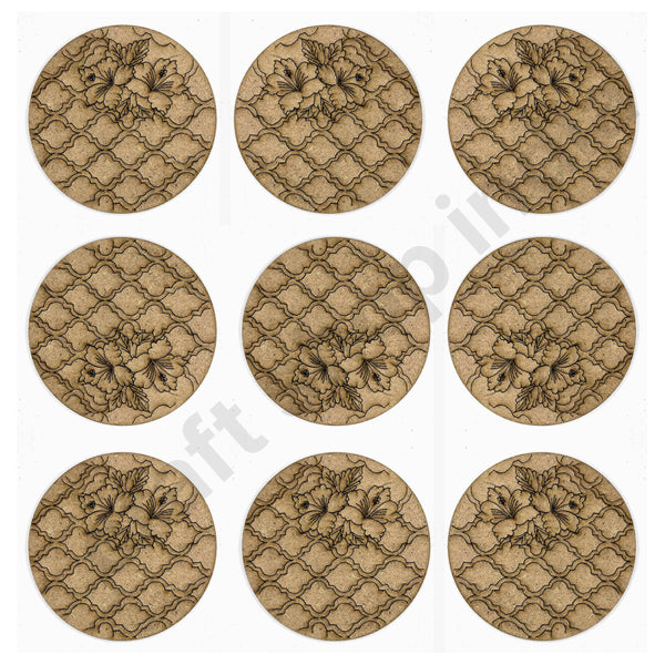 Round Shaped MDF | MDf | MDF Engraved | Engraved Madhubani | Madhubani Flower | Flower Design | Design Coaster | Coaster Set of 6 | Craft Shop India