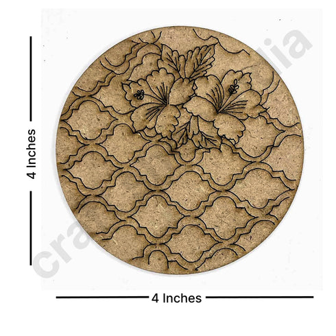 Round Shaped MDF Engraved Madhubani Flower Design Coaster Set of 6