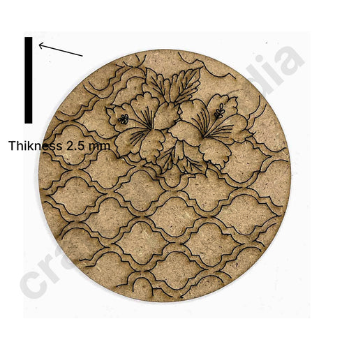 Round Shaped MDF Engraved Madhubani Flower Design Coaster Set of 6