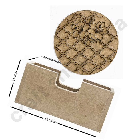 Round Shaped MDF Engraved Madhubani Flower Design Coaster Set of 6