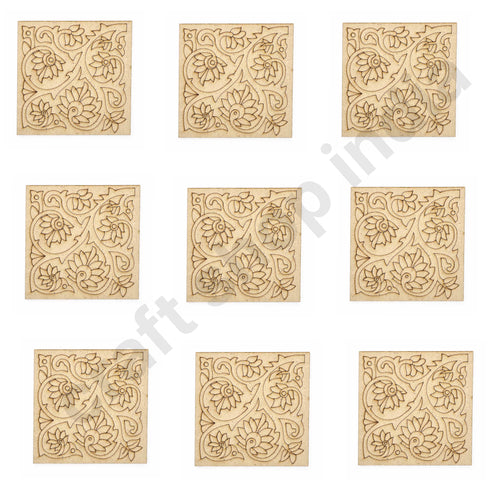 Square Shaped Floral Design Engraved Coaster Set of 6