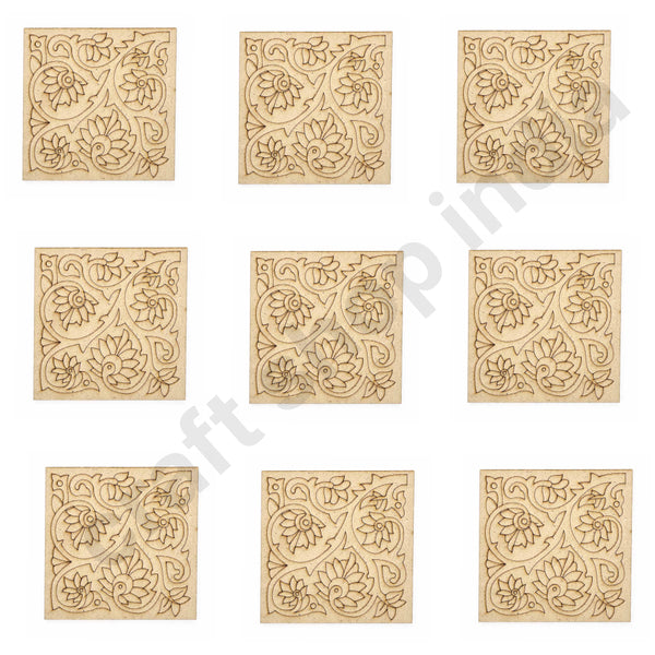 Square Shaped Floral Design Engraved Coaster Set of 6 | Craft Shop India | MDF Cutouts