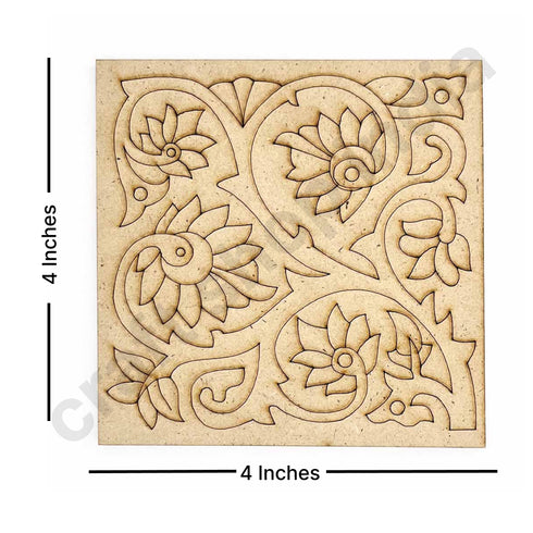 Square Shaped Floral Design Engraved Coaster Set of 6