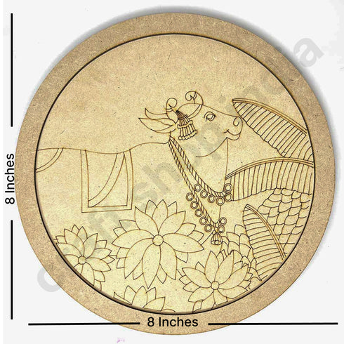 Cow With Leaf Motives Engraved Design Wall Plate Base With Frame