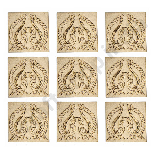 Square Shaped Pair of Peacock Design Engraved Coaster Set of 6 | MDF Cutouts | Craft Shop India