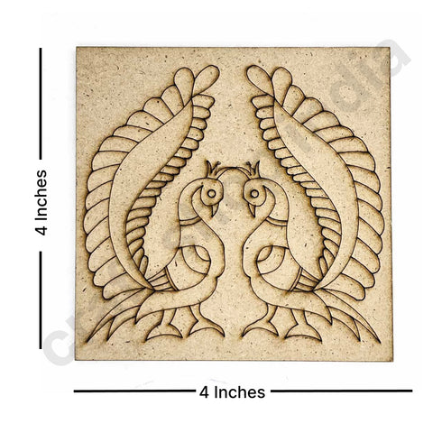Square Shaped Pair of Peacock Design Engraved Coaster Set of 6