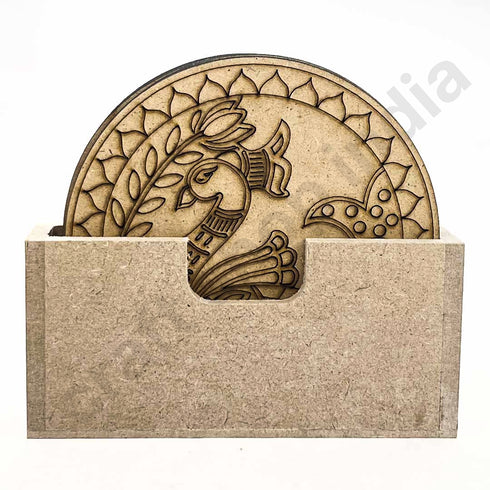 Round Shaped Madhubani Peacock Engraved Design Coaster Set of 6