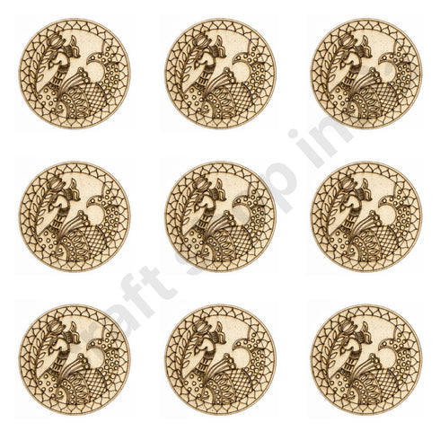 Round Shaped Madhubani Peacock Engraved Design Coaster Set of 6