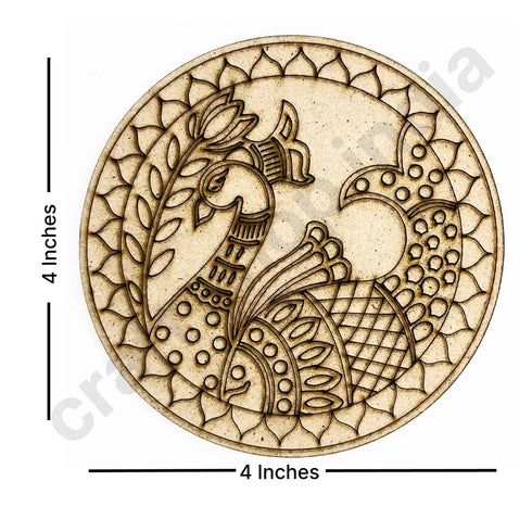 Round Shaped Madhubani Peacock Engraved Design Coaster Set of 6