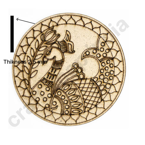 Round Shaped Madhubani Peacock Engraved Design Coaster Set of 6