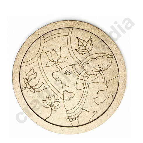 Cow With Lotus Engraved Design Wall Plate Base With Frame