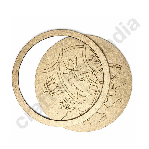 Cow With Lotus Engraved Design Wall Plate Base With Frame