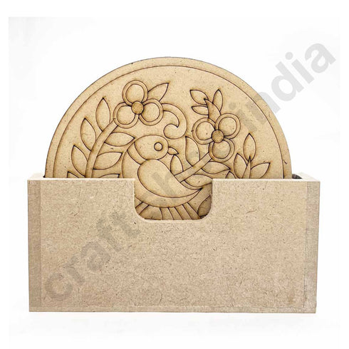 Round Shaped MDF Engraved Madhubani & Bird Motifs Design Coaster Set of 6