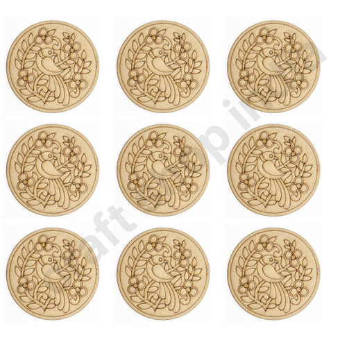 Round Shaped MDF Engraved Madhubani & Bird Motifs Design Coaster Set of 6