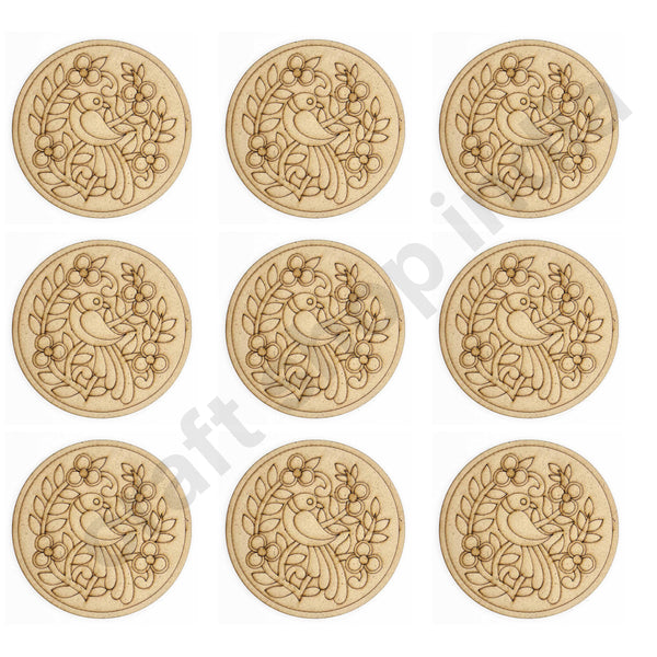 Round Shaped | MDF Engraved | Engraved Madhubani | Bird Motifs Design Coaster | Design Coaster Set of 6 | Craft Shop India
