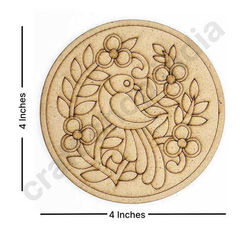 Round Shaped MDF Engraved Madhubani & Bird Motifs Design Coaster Set of 6