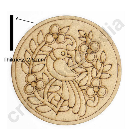 Round Shaped MDF Engraved Madhubani & Bird Motifs Design Coaster Set of 6