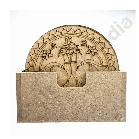 Round Shaped Pair of Peacock With Pichwai Lotus Design Coaster Set of 6