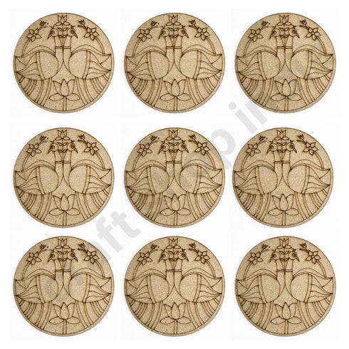 Round Shaped Pair of Peacock With Pichwai Lotus Design Coaster Set of 6