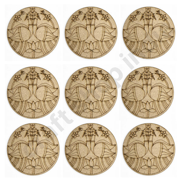 Round Shaped | Pair of Peacock | Pichwai Lotus Design | Design Coaster Set of 6 | Set of 6 | Craft Shop India | MDF Cutouts