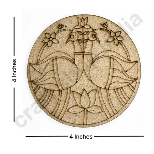 Round Shaped Pair of Peacock With Pichwai Lotus Design Coaster Set of 6