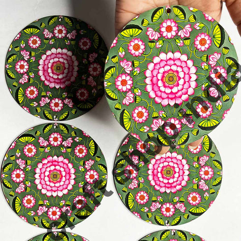 Green & Pink Color Pichwai Lotus Mdf