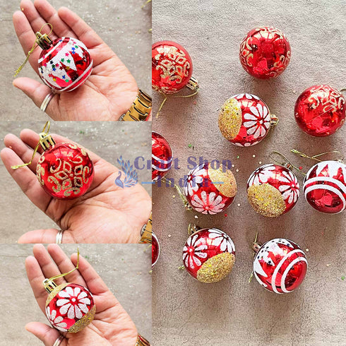 Red Color 3 Different Designs Christmas Bauble Pack Of 12