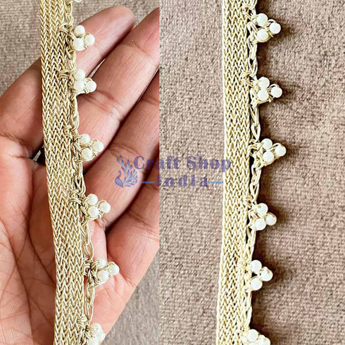 Crochet Weaving Golden Zari With White Beads Lace - 9mtr
