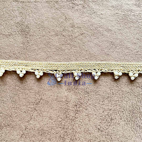 Crochet Weaving Golden Zari With White Beads Lace - 9mtr