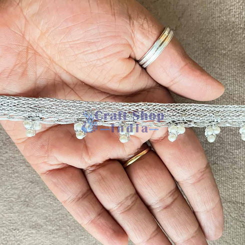 Crochet Weaving Silver Zari With White Beads Lace - 9mtr