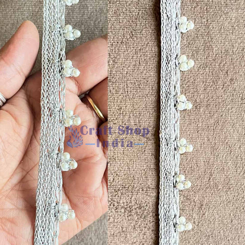Crochet Weaving Silver Zari With White Beads Lace - 9mtr